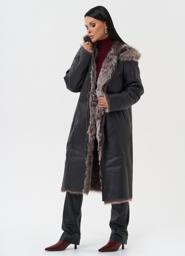 Дубленка с отделкой из тосканы с капюшоном модель № 28698 универмаг малина
