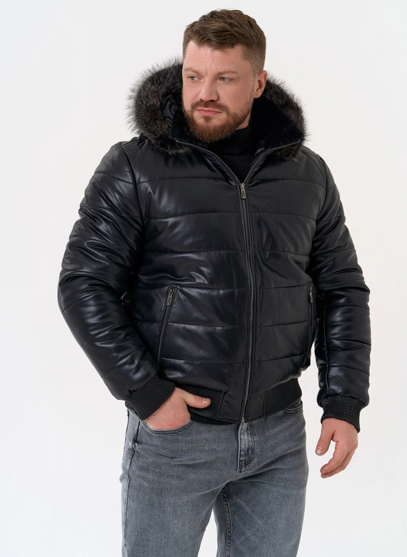 Пуховик из эко кожи черного цвета 