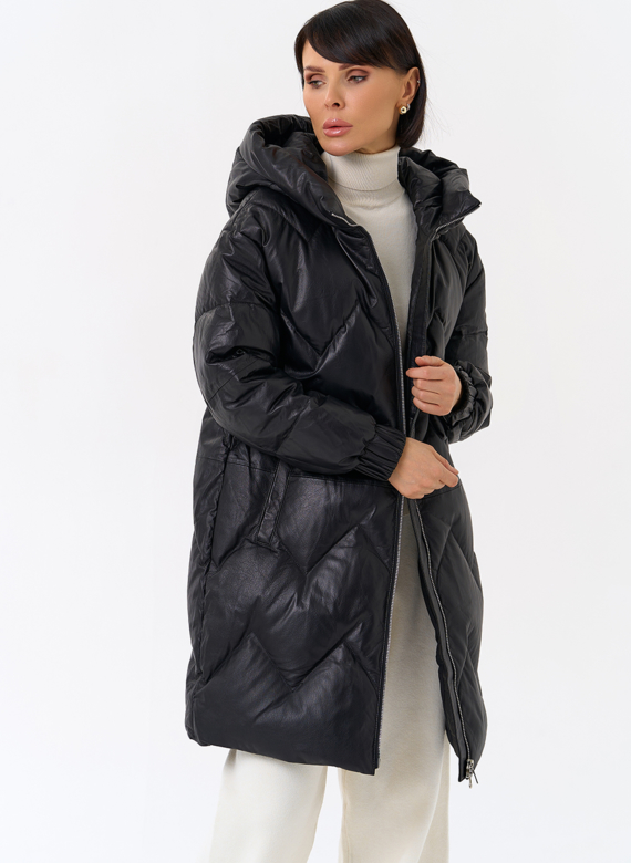 Длинный пуховик из кожи