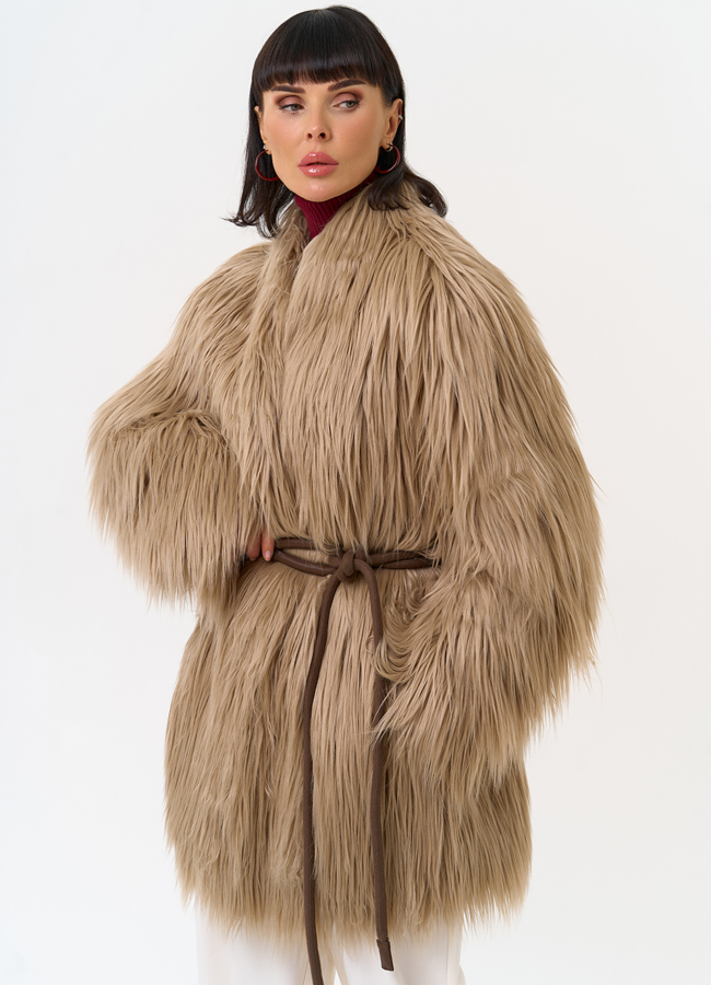 Женская шуба из эко меха с декоративным поясом модель № 31532 в рассрочку