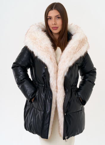 Женский пуховик из эко кожи с отделкой из эко меха Женский пуховик из эко кожи с отделкой из эко меха