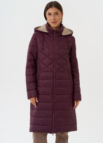 Стеганый пуховик бордового цвета с капюшоном