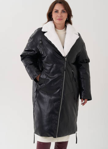 Пуховик женский из эко кожи с английским воротником Пуховик женский из эко кожи с английским воротником