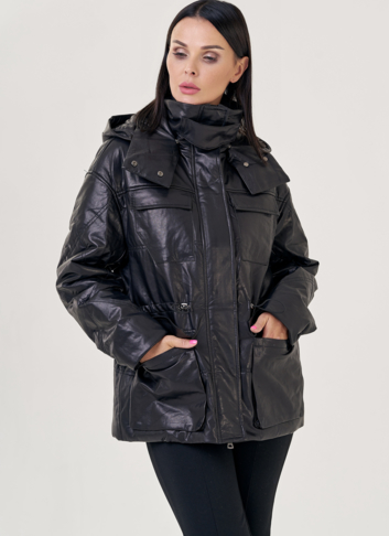Женская кожаная куртка с капюшоном 