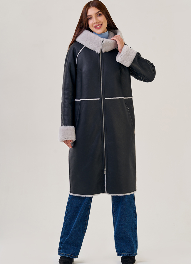 Женская дубленка с капюшоном модель № 24557 меха малина