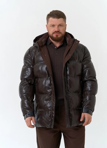 Мужской пуховик из эко кожи с капюшоном фото