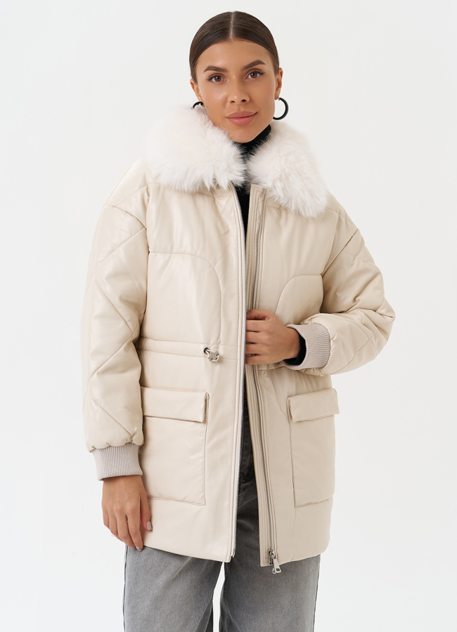 Пуховик из эко кожи с мехом песца модель № 25497 универмаг малина