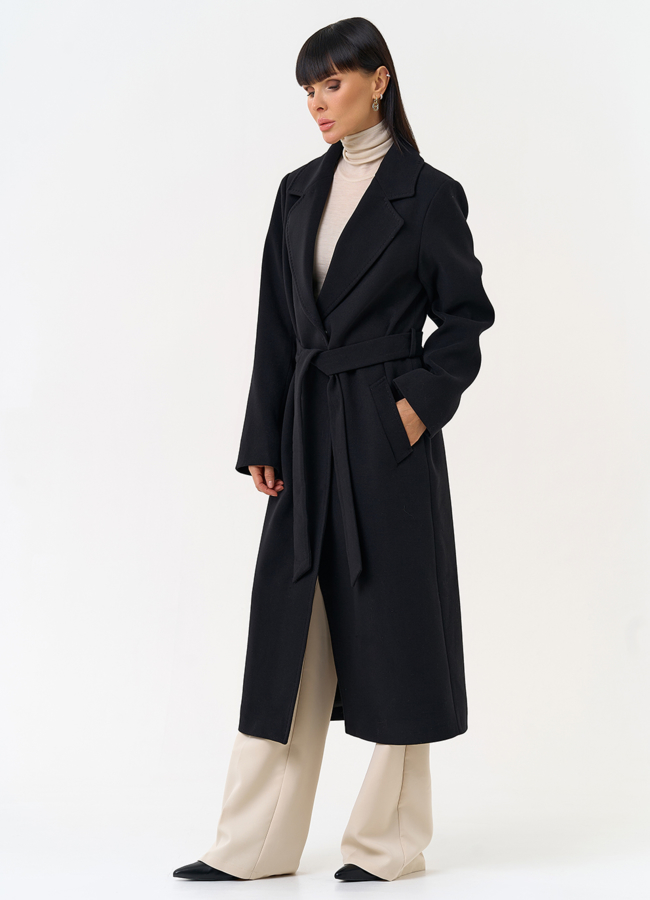 Женское пальто черного цвета с поясом модель № 31560 в рассрочку