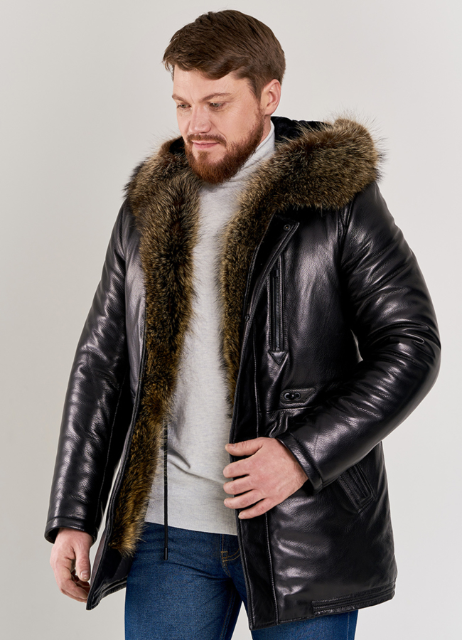 Мужской пуховик из натуральной кожи модель № П-500 меха малина