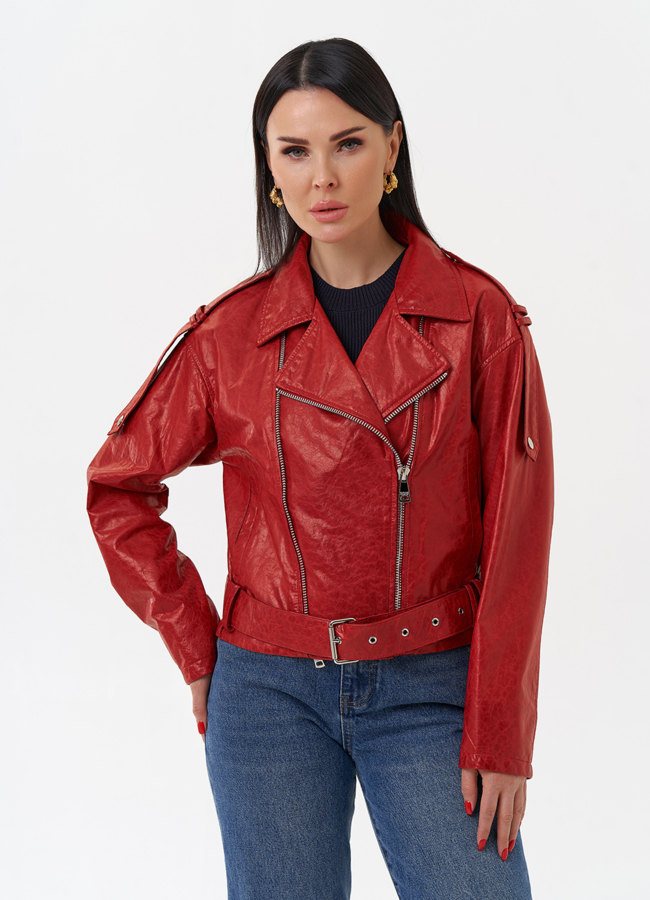 Красная куртка из натуральной кожи модель № 83954 меха малина