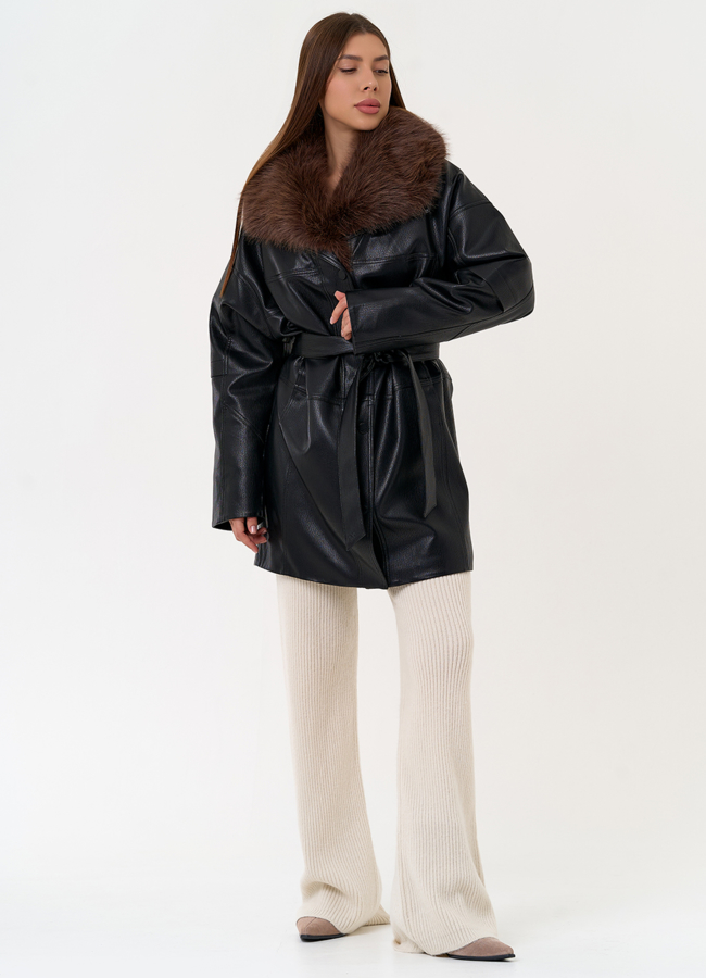 Женская утепленная куртка из эко кожи с воротником из эко меха модель № 31496 в рассрочку