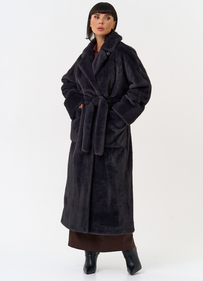 Женское пальто из эко меха с поясом модель № 31500 в рассрочку