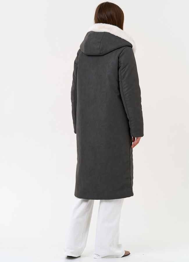 Пуховик из эко кожи с капюшоном из эко меха модель № 27733 в кредит