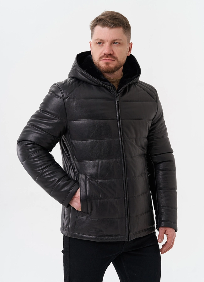 Пуховик из натуральной кожи с отделкой из мутона модель № 25453 универмаг малина