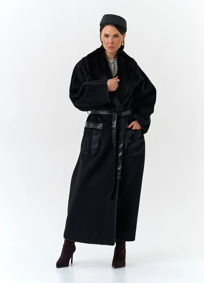 фото Женское длинное пальто с воротником из меха норки модель № 32648