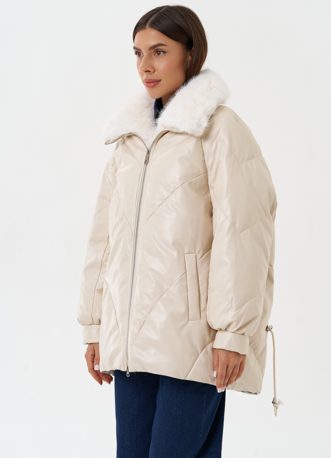 Пуховик из эко кожи с воротником из эко меха модель № 27990 универмаг малина