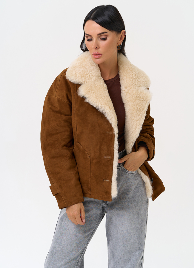 Пуховик из натуральной замши с мехом модель № 31409 универмаг малина