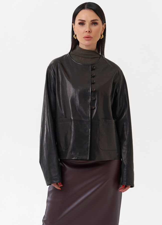 Кожаная куртка на пуговицах модель № 29913 меха малина