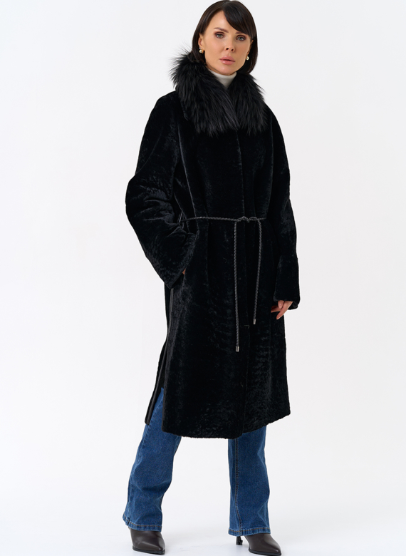 Женская двухстороняя дубленка с воротником из меха чернобурой лисы