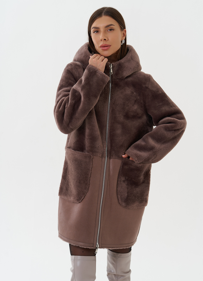 Двухсторонняя дубленка из эко кожи с капюшоном модель № 27763 универмаг малина