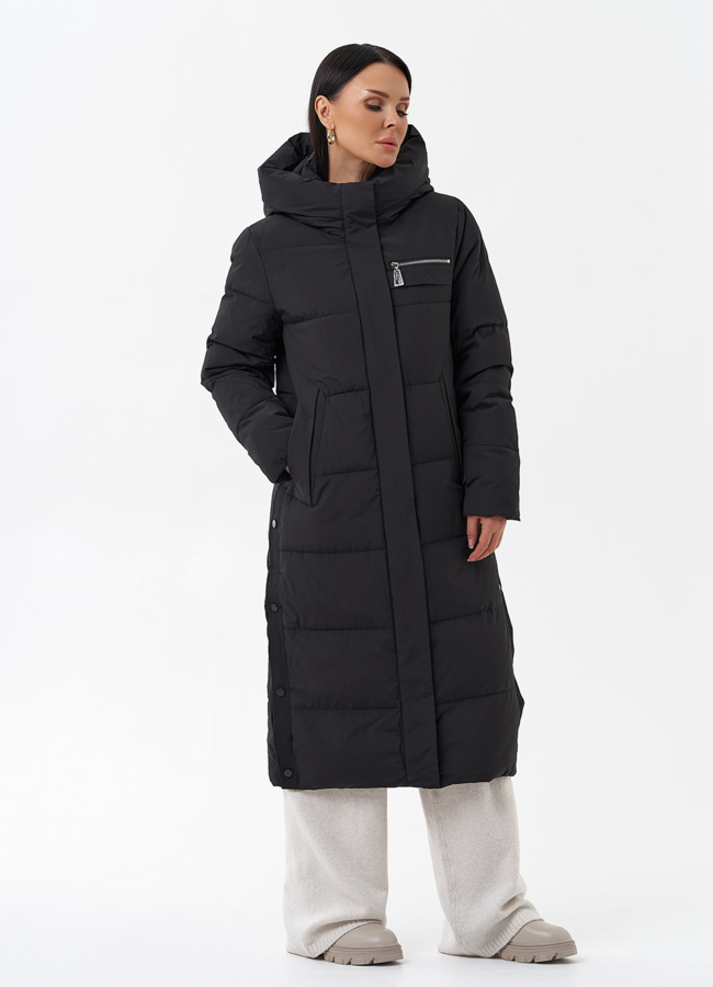 Длинный пуховик с капюшоном модель № 29179 меха малина