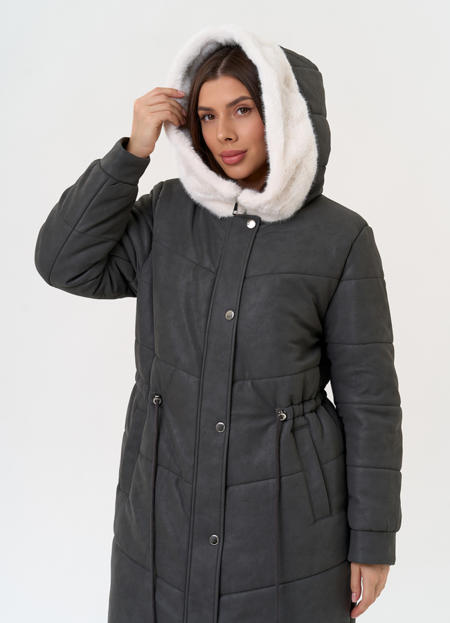 Женское пальто из эко кожи с капюшоном модель № 30731 универмаг малина