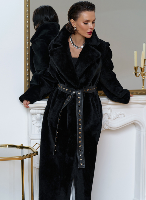 Женская натуральная дубленка с двойным поясом