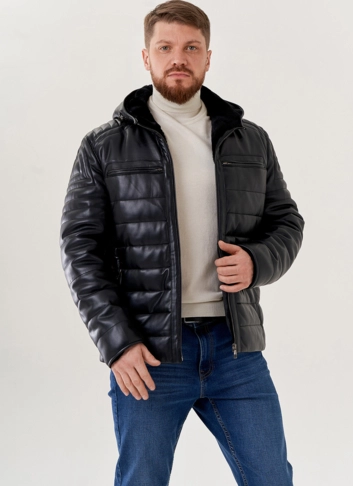Мужская куртка из эко кожи с капюшоном  фото