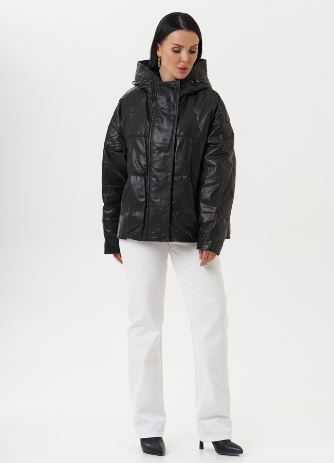 Утепленная куртка из натуральной кожи с капюшоном модель № 28111 в рассрочку